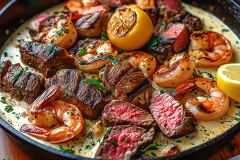 A cast iron skillet showcases a vibrant mix of grilled shrimp and steak pieces, garnished with fresh herbs and accompanied by lemon wedges, all in a creamy sauce on a rustic wooden table.