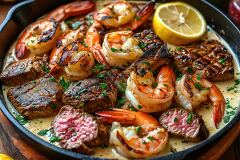 A cast iron skillet is filled with a vibrant blend of grilled shrimp and steak, garnished with fresh herbs and accompanied by a slice of lemon, set against a rustic wooden table.