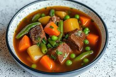 This bowl features tender beef chunks alongside carrots, green beans, and potatoes, all immersed in a savory broth. Garnished with herbs, it rests on a speckled countertop.