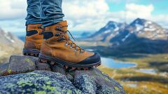 Hiker's Boots at the Peak of a Rugged Mountain Journey