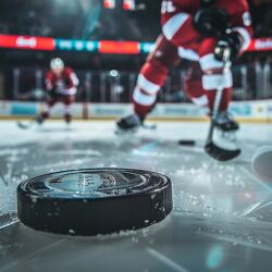 hockey puck is in focus with players in the background
