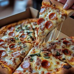 A hand reaches for a slice of delicious homemade pizza topped with plenty of cheese and pepperoni. The pizza is placed in an open box, showcasing its gooey texture and flavorful toppings.