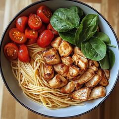 A delicious bowl features spaghetti paired with marinated chicken pieces, fresh spinach, and cherry tomatoes. Natural light brings out the vibrant colors and textures of this meal.