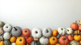 horizontal row of colorful pumpkin on white background