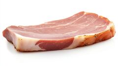 ingle slice of cured ham with a marbled pink and white appearanc