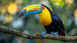 keel billed toucan perched on a branch in rainforest habitat