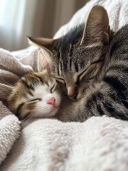 kitten and its mother cuddle