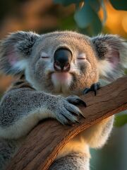 A serene koala nestled comfortably on a branch of a eucalyptus tree, enjoying the tranquil evening light as the sun sets in the background. The atmosphere is peaceful and warm.