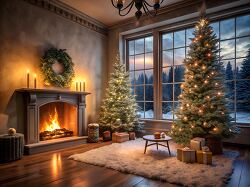 living room featuring a Christmas tree and a lit fireplace