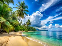 Lush palm trees shading a quiet beach with bright green foliage