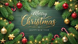 Merry Christmas in gold text message on wood background