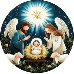 Nativity scene depicting Mary, Joseph, and baby Jesus under the starry night sky surrounded by angels and sheep