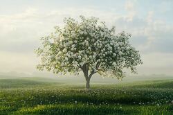 one apple tree covered in white blossoms