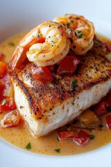 A delicious seared hybrid sea bass fillet topped with succulent shrimp and red bell peppers, served in a rich and creamy beurre blanc sauce on a white plate.