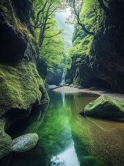 A breathtaking canyon bathed in morning light features lush greenery surrounding a still, reflective pool. Water cascades gently in the distance, creating a peaceful atmosphere.