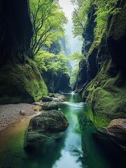 A tranquil stream winds through a hidden gorge, embraced by lush greenery. Mysterious mist hovers above the water, creating an enchanted atmosphere in the serene landscape.