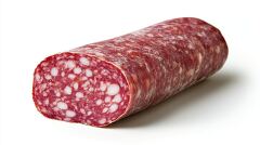 single salami log with visible fat flecks