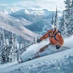 A skier in an orange jacket expertly maneuvers down a snowy slope at a ski resort. Snow covered mountains and a forest create a stunning winter backdrop on a bright, clear day.