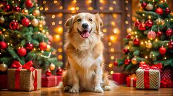 Smiling family dog sitting in front of a Christmas tree