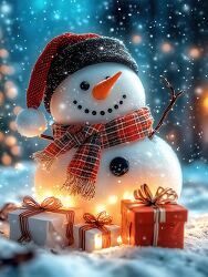 snowman in a night winter holiday scene with chirsmtas gits and 