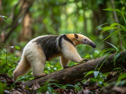 southern tamandua walks along a fallen tree