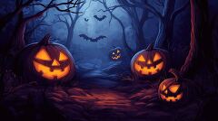 Spooky Halloween night in a dark forest with glowing jack-o'-lanterns and bats flying overhead