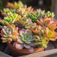 Multiple succulent plants showcase vibrant colors and unique shapes in a pot under bright sunlight, adding beauty to the garden. The lush foliage reflects the care they receive.