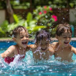 three children playing in a backyard swimming pool
