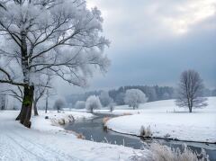 A serene winter landscape showcases a winding river bordered by frost laden trees. Soft light filters through a cloudy sky, enhancing the tranquil ambiance of the snowy scene.