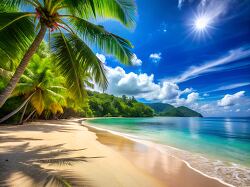 tropical beach with clear water and palm trees