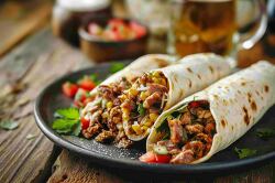 Two burritos filled with rice meats and vegetable on a plate