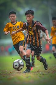 two young asian soccer players compete for the ball