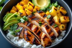 Vibrant Bowl of Grilled Chicken With Rice and Veggies