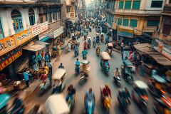 Colorful vehicles and busy pedestrians fill a lively market street during the day. Local shops line the roads, showcasing the dynamic energy and culture of the area.