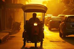 Vibrant Sunset Ride Through a Bustling City Street