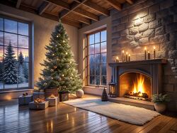 warmly lit room with a decorated Christmas tree