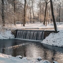 waterfall flows between snow covered trees