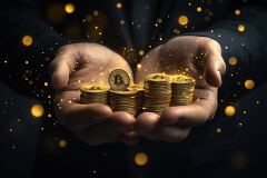 Hands are holding a pile of shining coins, symbolizing the rise of cryptocurrency. Gold sparkles surround the coins, representing a bright future in digital finance.