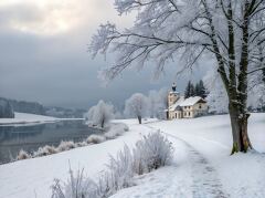 Snow blankets the landscape, transforming the serene riverbank into a winter paradise. A charming church peeks through frosted trees, creating a peaceful atmosphere at dusk.