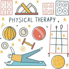 llustration of physical therapy concepts, including exercises, therapy balls, and rehabilitation tools