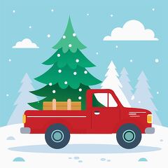 pick up truck with a christmas tree on a snowy roa