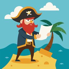 red bearded pirate searching for treasure on an island using a map