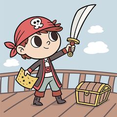 pirate stands proudly on a ship deck holding a sword and a treasure map with a treasure chest clipart