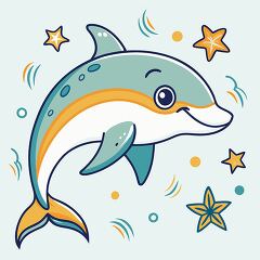 playful dolphin with a big smile swims surrounded by stars