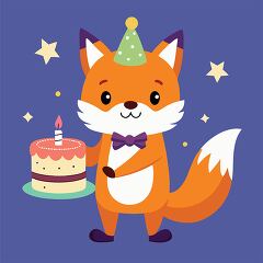 playful fox wears a party hat holds a birthday cake