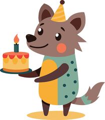 playful hyena wearing a yellow striped party hat holds a birthda