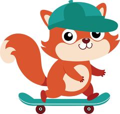 playful squirrel wearing a teal and orange cap rides a skateboar