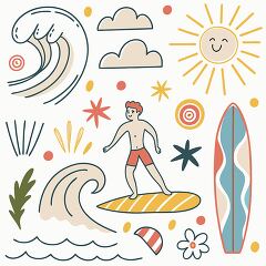 A colorful illustration featuring a surfer riding a wave, surrounded by sun, clouds, stars, and surfboards. The design is playful and vibrant, capturing a beach vibe.