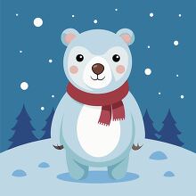 polar bear looks cozy in the snow wrapped in a colorful scarf