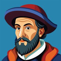 portrait of explorer magellan wearing a red and blue hat